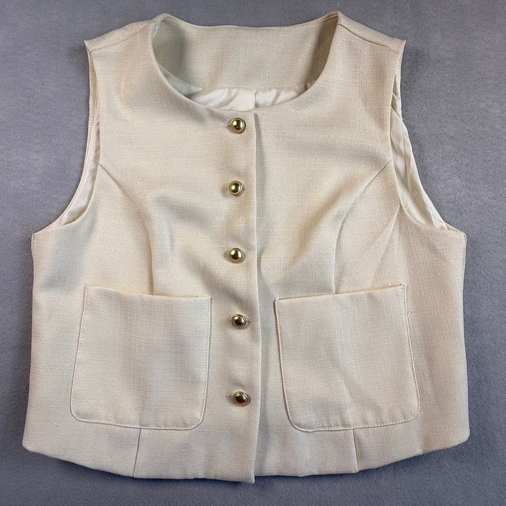 Dazy Women Cream Textured Button Front Vest Gold Buttons Size M Quiet Luxury